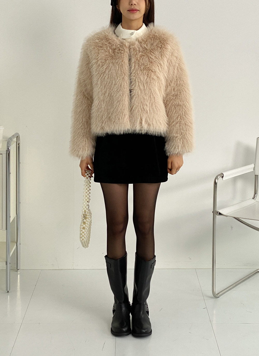 エコファーノーカラークロップドジャケット | レディースファッション