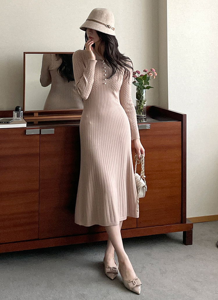 フェイクボタンカラーケーブルニットワンピース | レディース