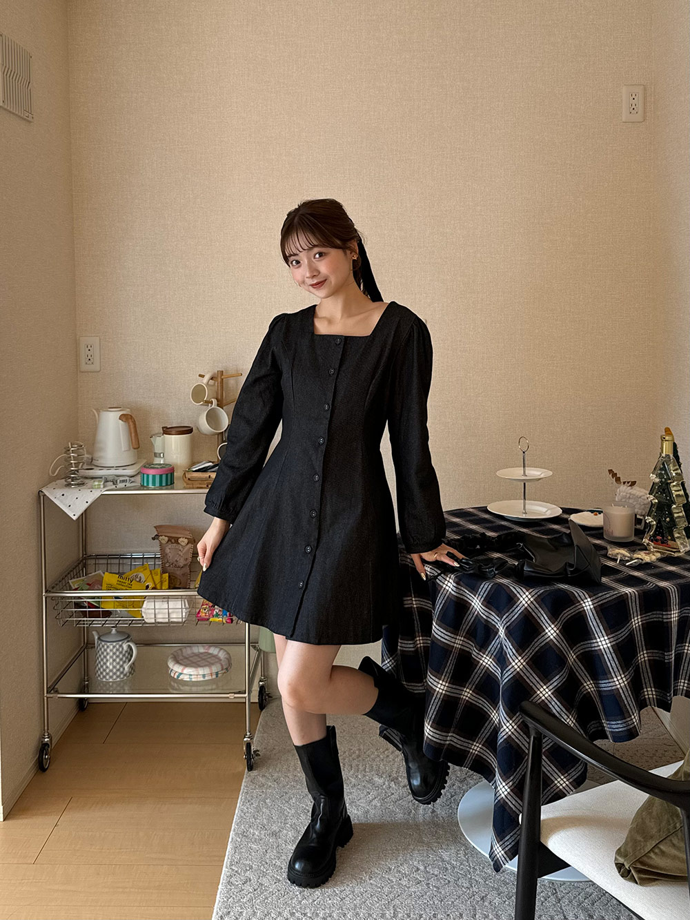 再入荷*ウエストリボンデニムミニワンピース | レディース