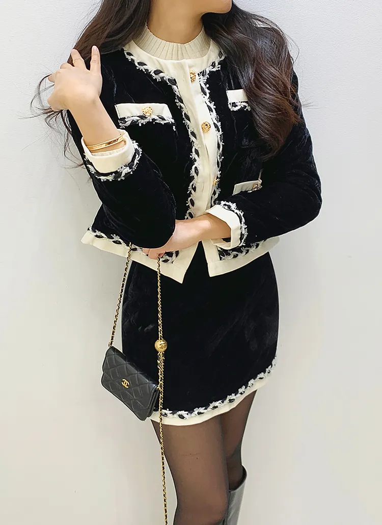 キルト裏地配色ツイードベロアジャケット&スカートSET | minagram | 詳細画像1