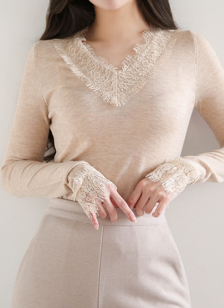 Vネックレース配色ニット | レディースファッション通販 - DHOLIC