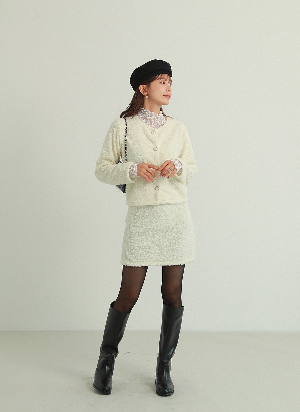 パール調ボタンボアジャケット&ミニスカートSET | レディース 