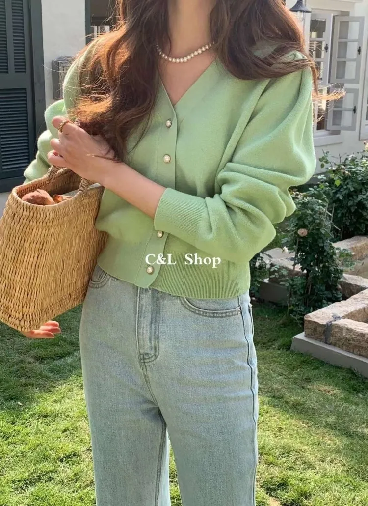 Vネックパフカーディガン | DHOLIC | 詳細画像1