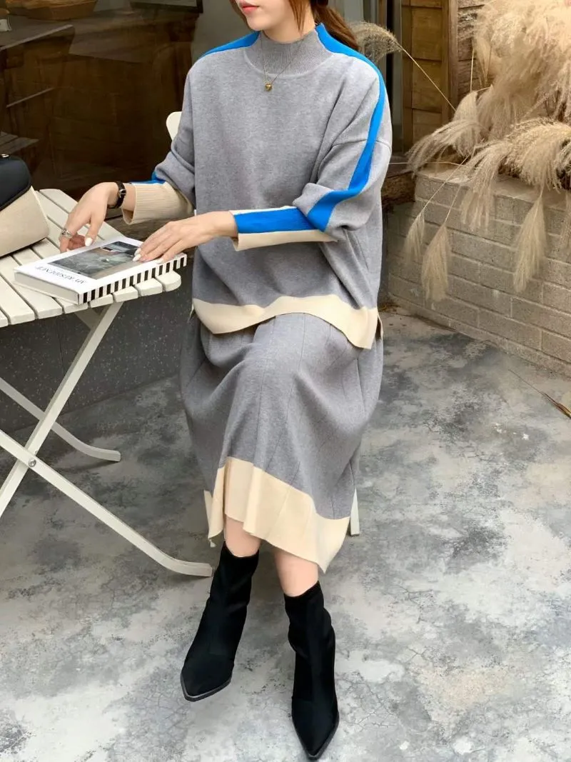 DHOLICニット・スカートセットアップ 配色ハーフネックニット&スカート 
