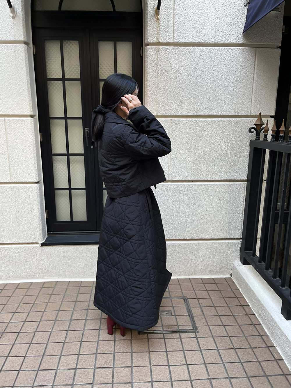 ベルト付キルティングジャケット&ノースリフレアワンピースSET