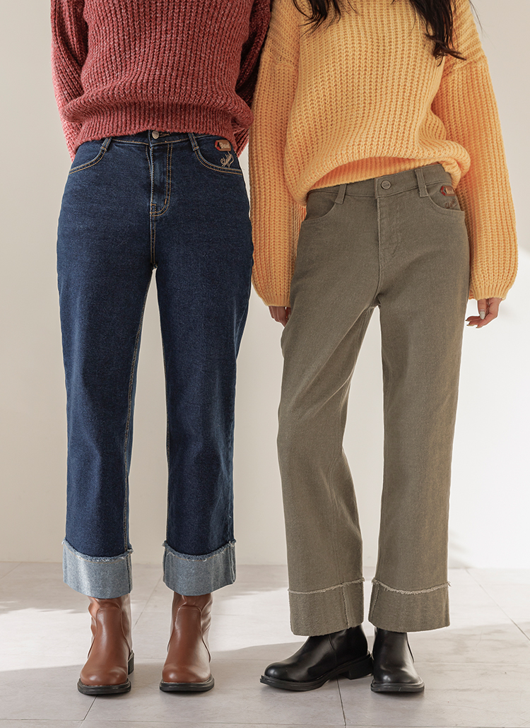 裏起毛ロールアップ風ワイドデニムパンツ | レディース