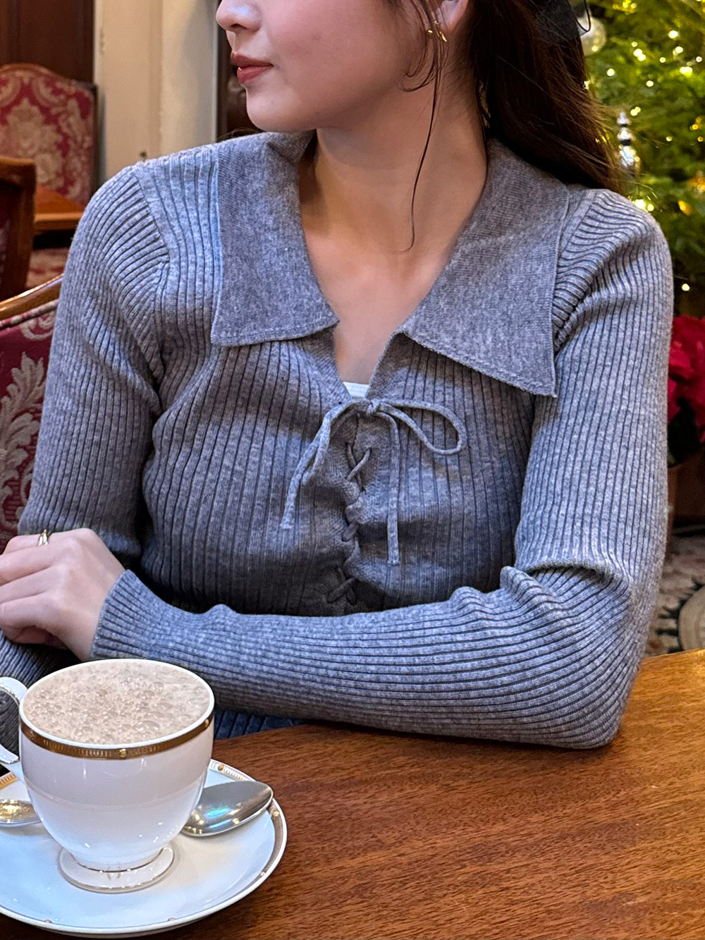 さゆ　グレー リブ編み レースアップ セーター レースアップニットプルオーバー[品番：IGAW0005963]｜axes femme