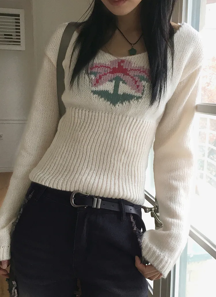 Uネックフラワー長袖ニット | WONDERWONDER | 詳細画像1