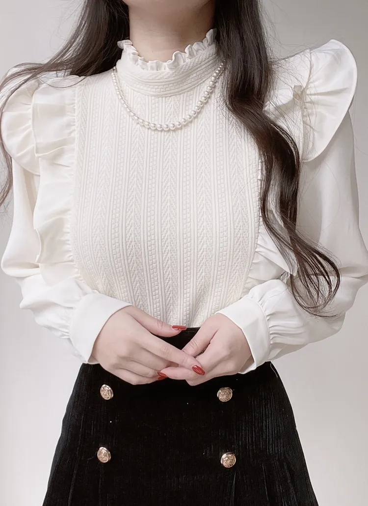 エコパールネックレス付フリル配色ブラウス | レディースファッション