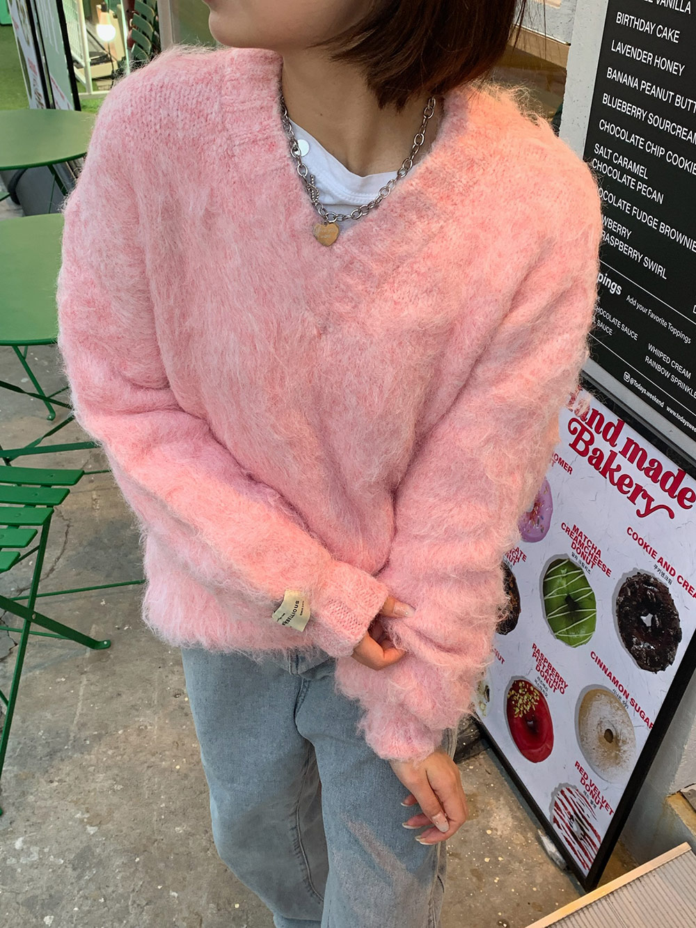 モヘア混Vネックファータッチニット | レディースファッション通販