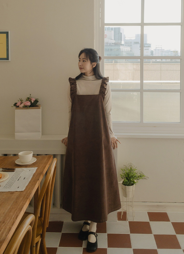 フリルエプロン風コーデュロイワンピース | レディースファッション