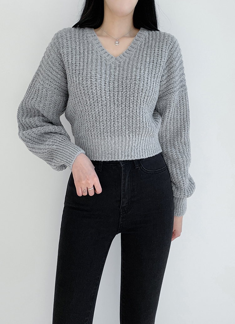 クロップドVネックバルーンニット・p626574