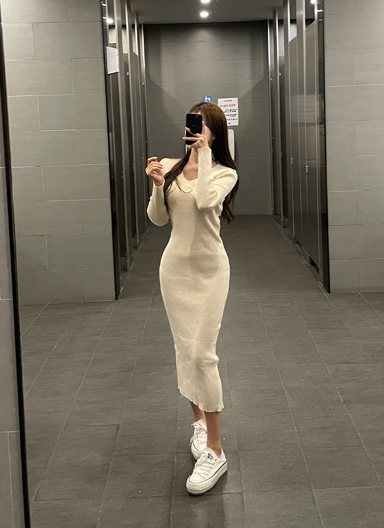 Vネックリブニットワンピース | レディースファッション通販 - DHOLIC