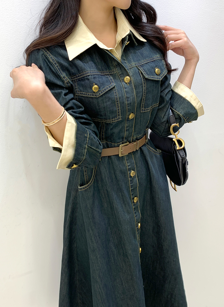 小さいサイズ 綿100％配色ステッチデニムワンピース 低身長さん