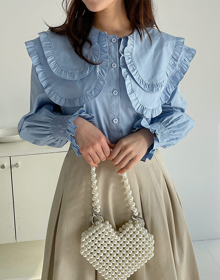 美品✨Sov.　ビックカラーブラウス　フリル　2way　高級生地　ブルー フリルダブルビッグカラーブラウス | レディースファッション