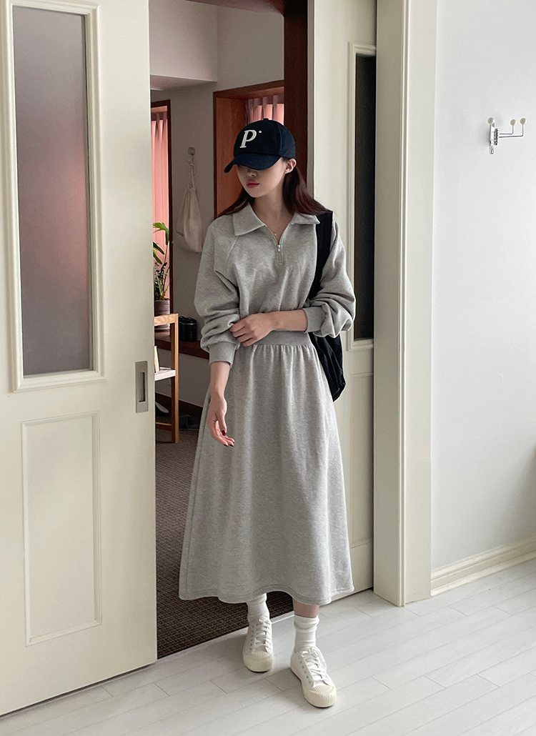 裏起毛ハーフジップカラースウェットフレアワンピース | レディース