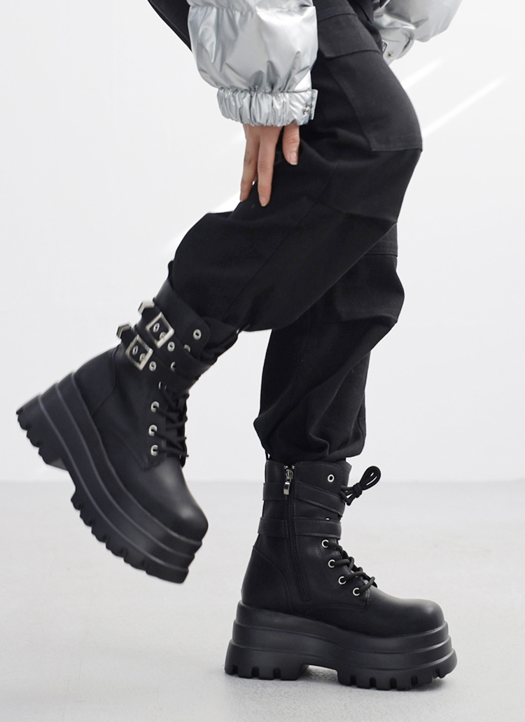 ダブルバックルチャンキーソールブーツ | レディースファッション通販