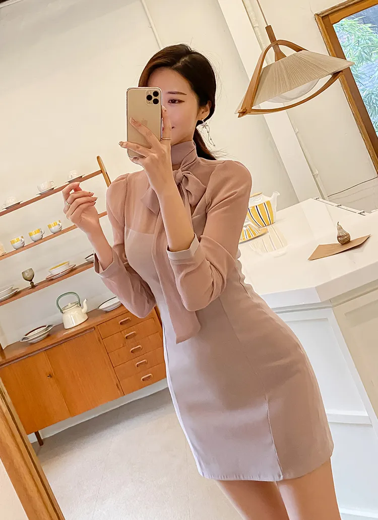 シースルー配色ボウタイネックワンピース | レディースファッション  