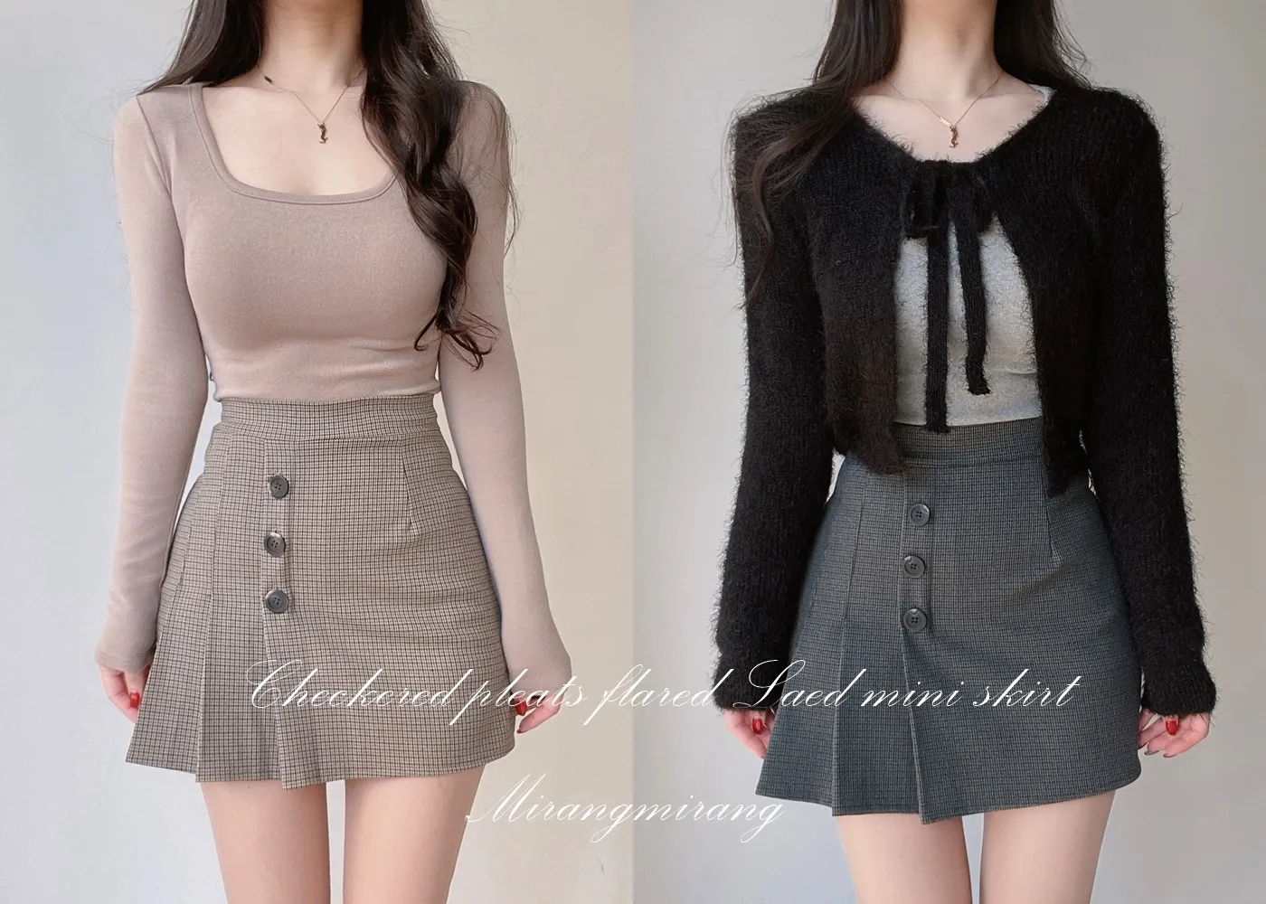 3ボタンプリーツチェックスカート | mirangmirang | 詳細画像1