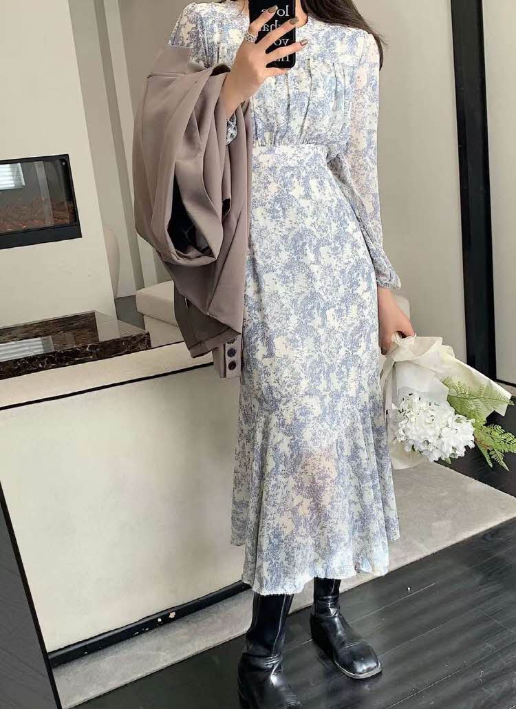 【新品】KAREN MILLEN フラワー マーメイドワンピース 花柄ギャザーパフリボンマーメイドワンピース | レディース