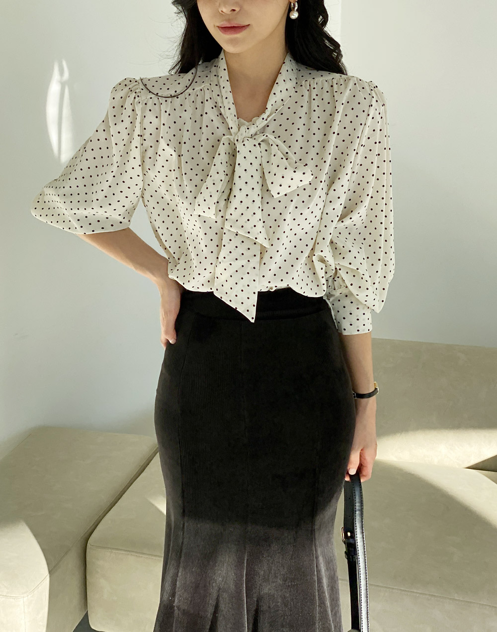 ハイネックドットリボンパフブラウス | DHOLIC | 詳細画像9