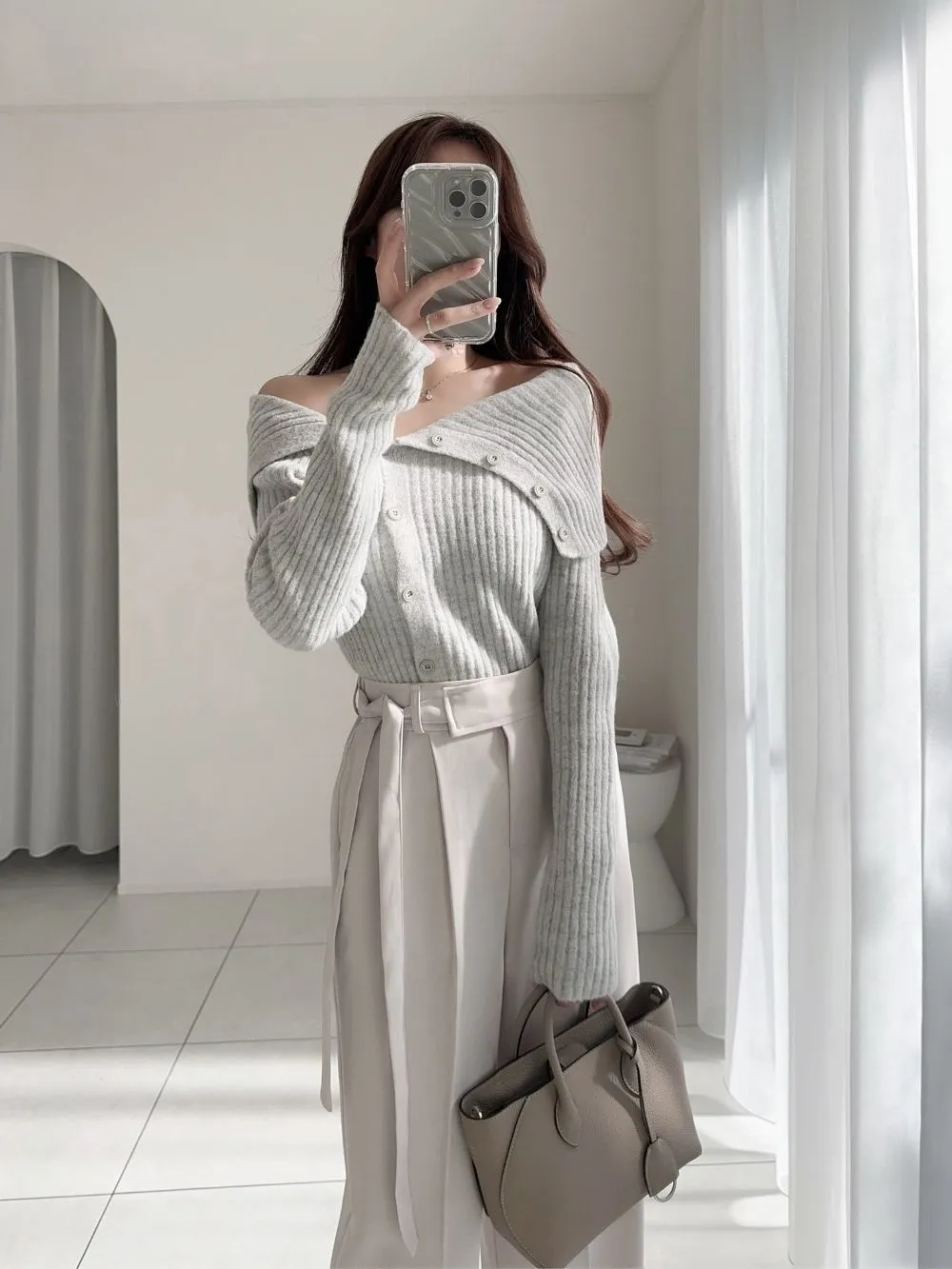 カシミヤ混アシメボタンオフショルニットカーディガン | レディース  