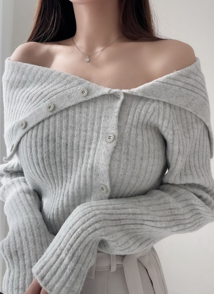 カシミヤ混アシメボタンオフショルニットカーディガン | レディース  