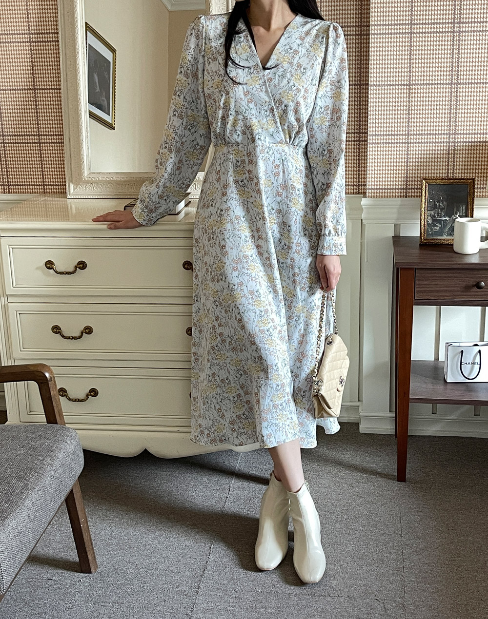 スキッパー 深V 花柄 ドレス ワンピース ロングドレス ワンピース