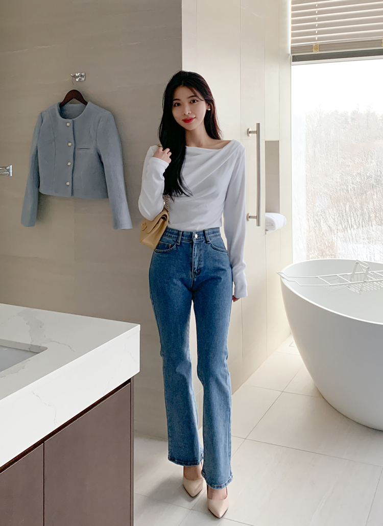 【全3色】シャーリング長袖カットソー　アイボリー ベージュ ブラック 【two-1016atop】( lam )(241023) 6color] y2kシャーリングクロップド長袖Tシャツ | ファッション