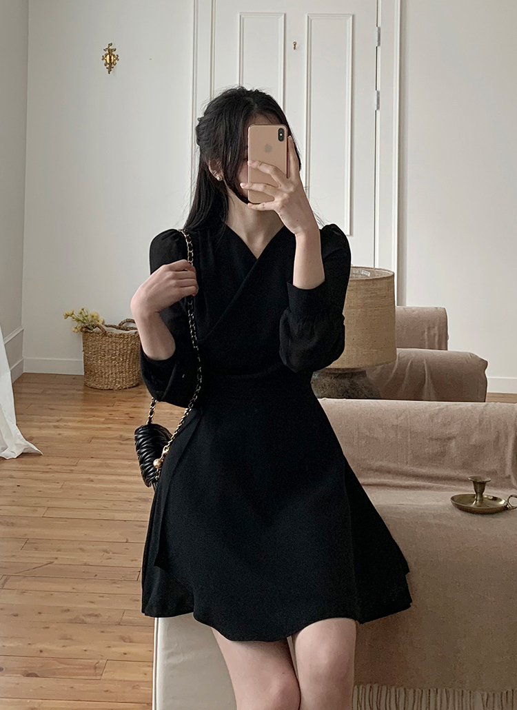 ブラック✖️シフォン　ラップワンピース シフォンスリーブラップワンピース | レディースファッション通販 - DHOLIC