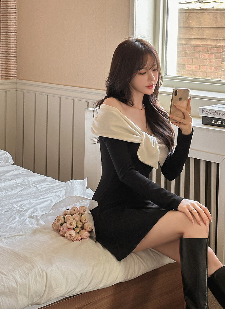 配色リボンオフショルワンピース | レディースファッション通販 - DHOLIC