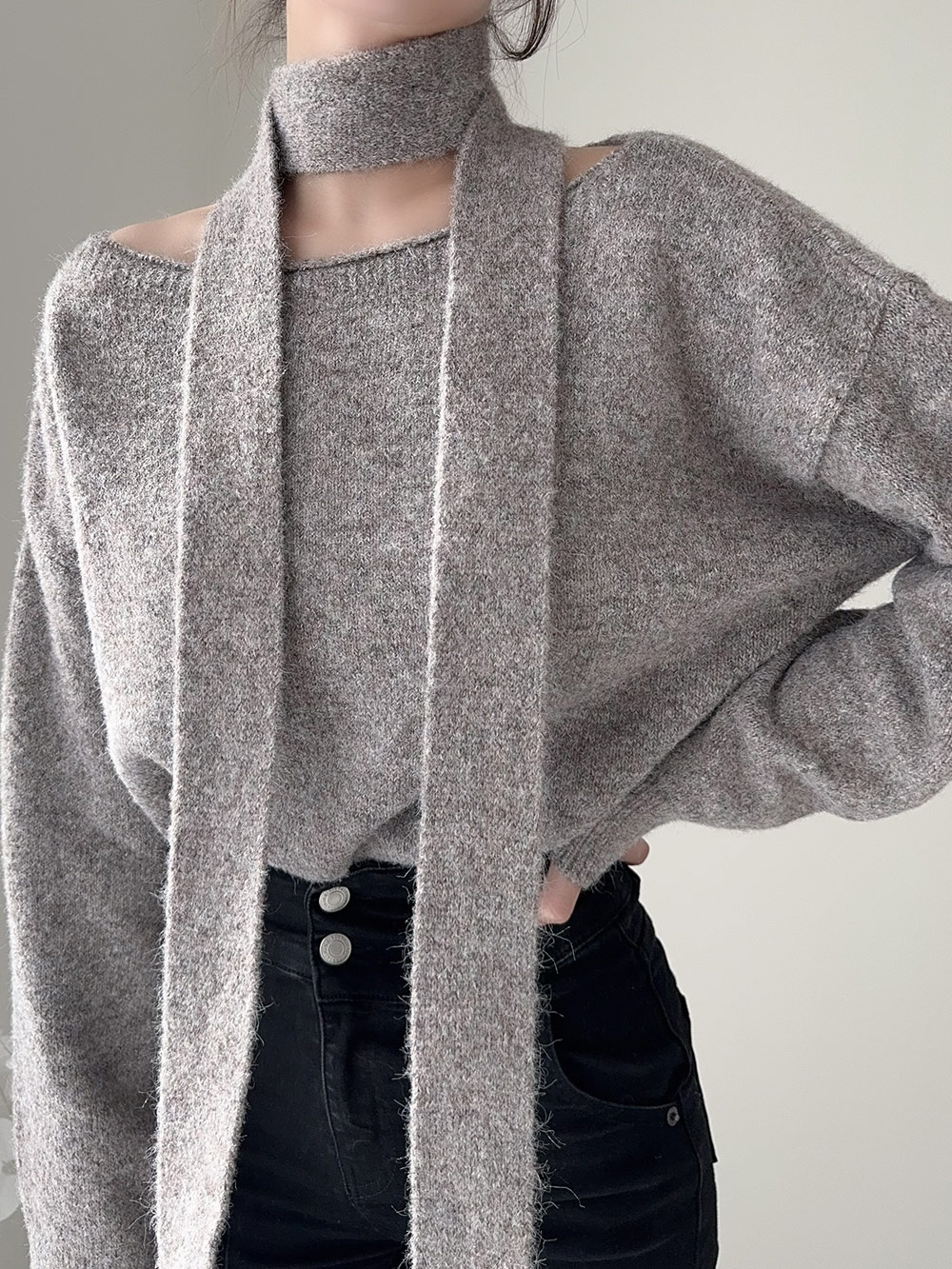 t.bグレー ポンポン付き ニットショール am-knit-008-1.jpg