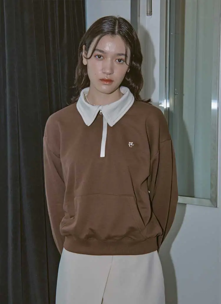 ハーフジップ配色カラースウェット(BROWN) | 詳細画像1