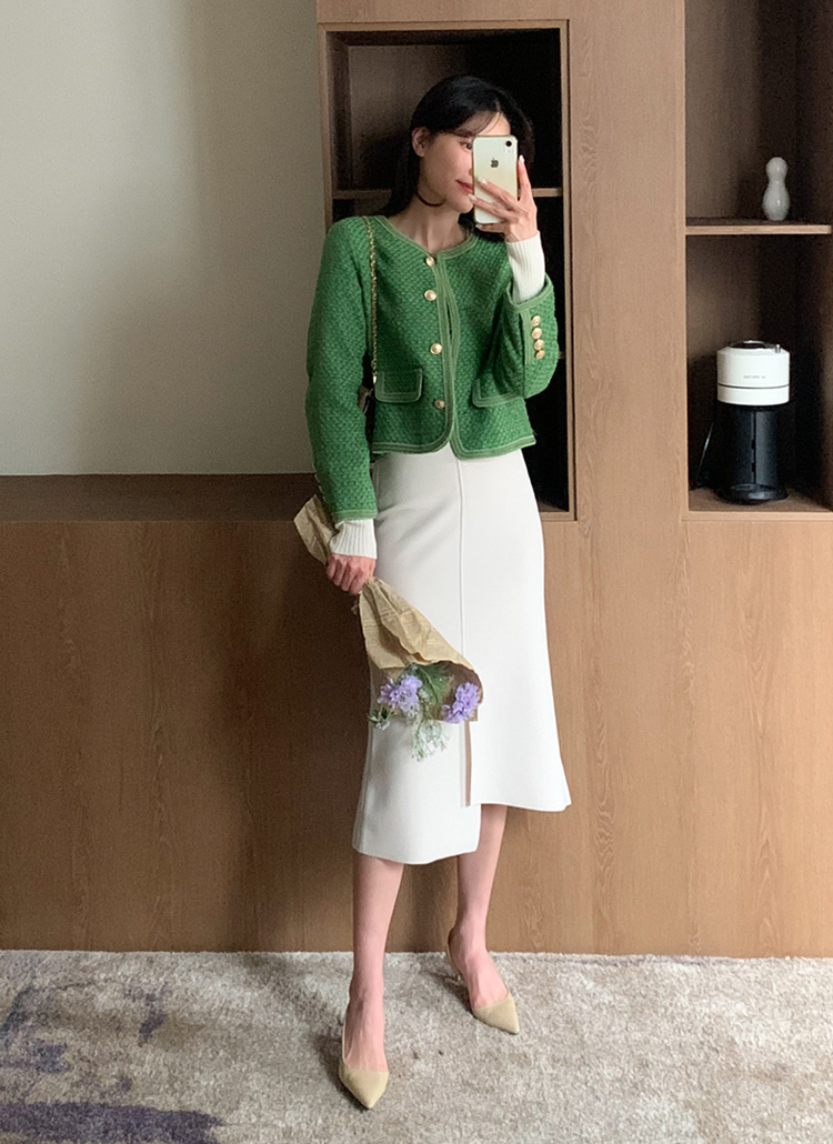 ゴールドボタングリーンツイードジャケット | レディースファッション