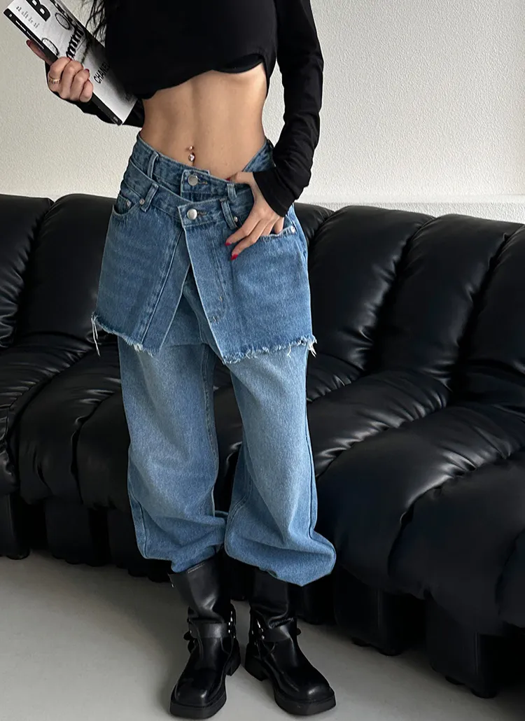 スカートレイヤードワイドデニムパンツ | レディースファッション通販  