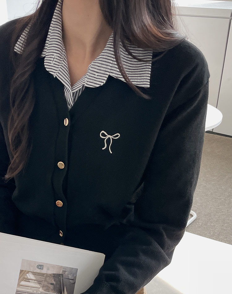 リボン刺繍ゴールドボタンカーディガン | レディース