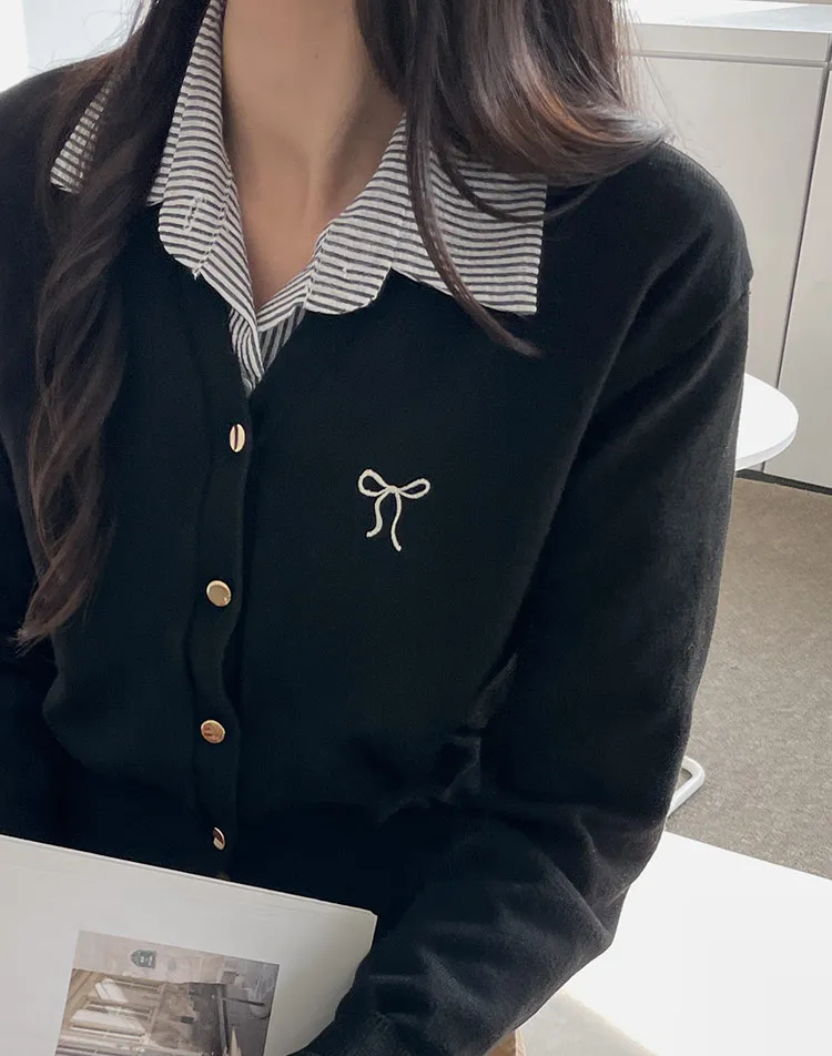 リボン刺繍ゴールドボタンカーディガン | DHOLIC | 詳細画像1