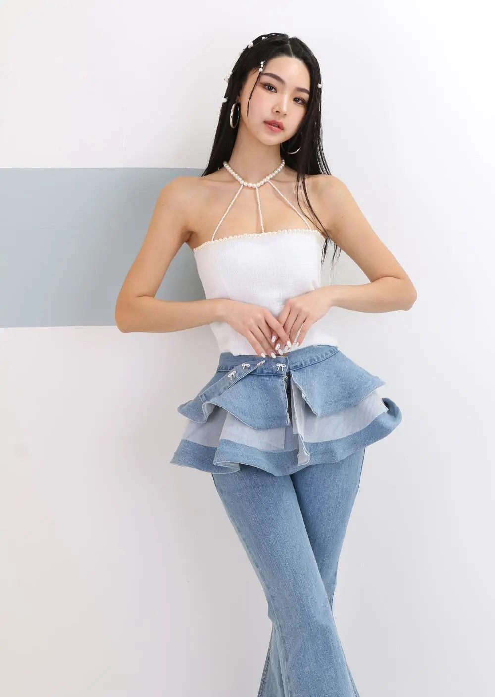リボンフリルスカート付フレアデニムパンツ | レディース 