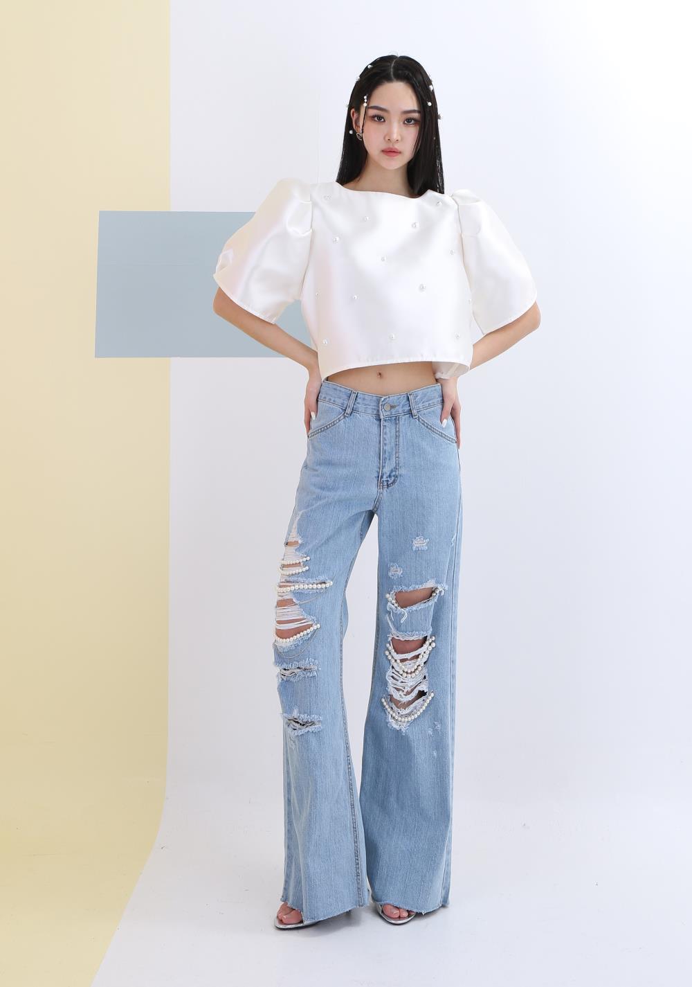 デニムパンツ パールダメージフレアデニムパンツ