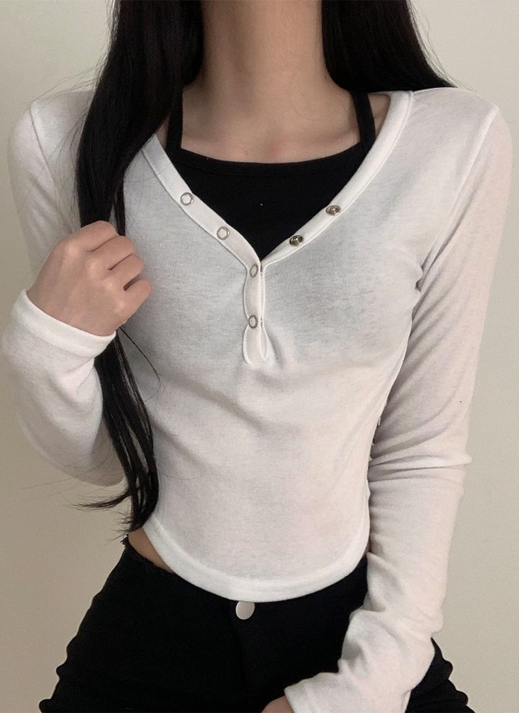 重ね着風ヘンリーネック長袖Tシャツ | レディースファッション通販