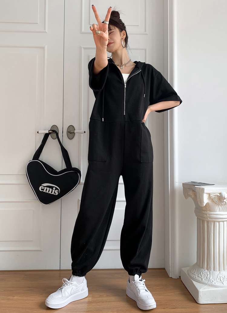 ハーフジップパーカー半袖オールインワン | レディースファッション