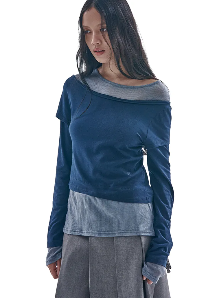 アンバランス配色長袖Tシャツ(NAVY) | 詳細画像1