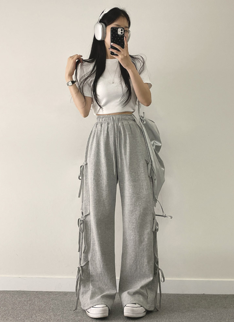 リボンポイントワイドスウェットパンツ | レディースファッション通販