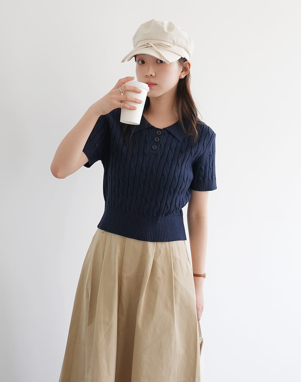 ポロカラーケーブル半袖ニット | レディースファッション通販 - DHOLIC