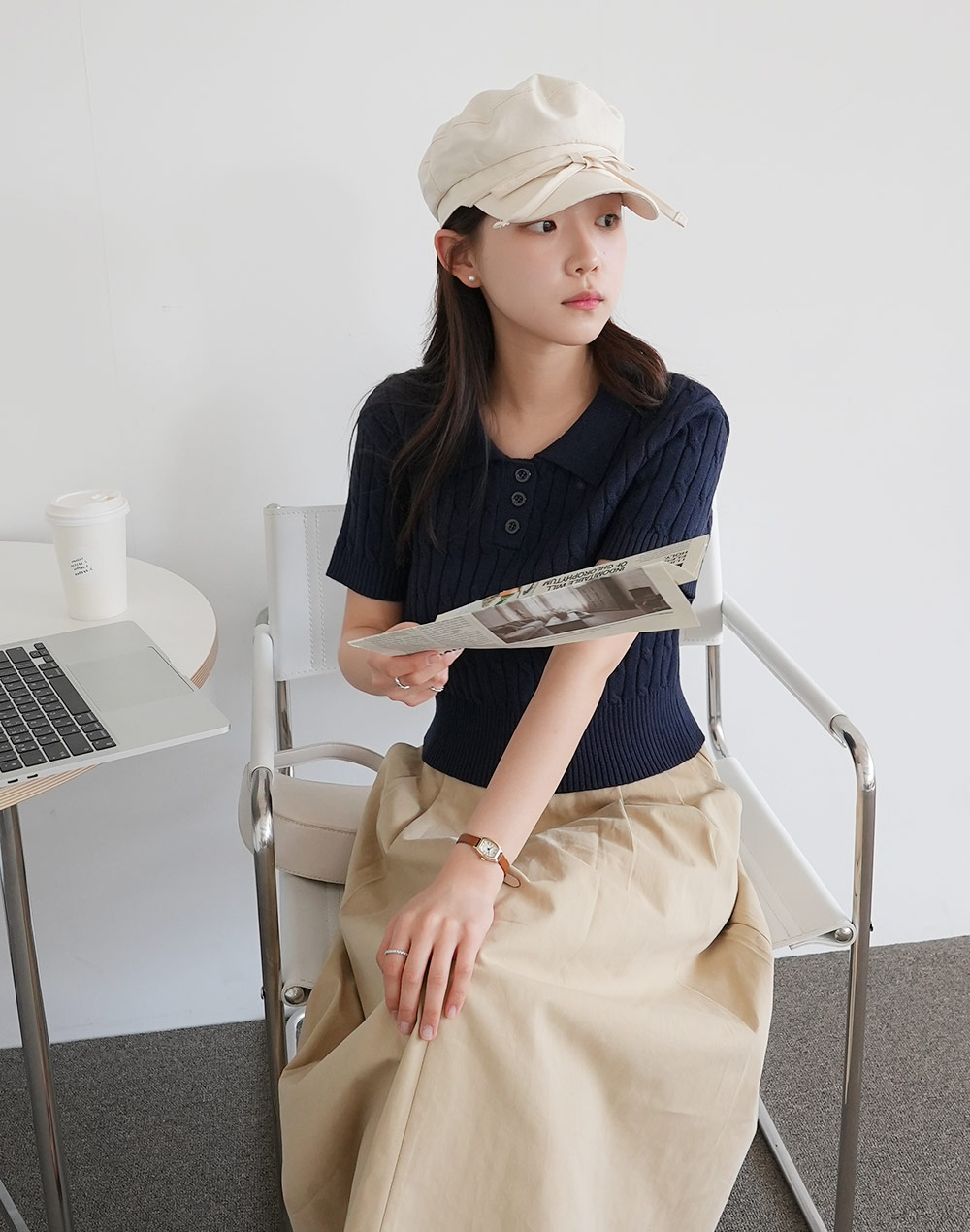 ポロカラーケーブル半袖ニット | レディースファッション通販