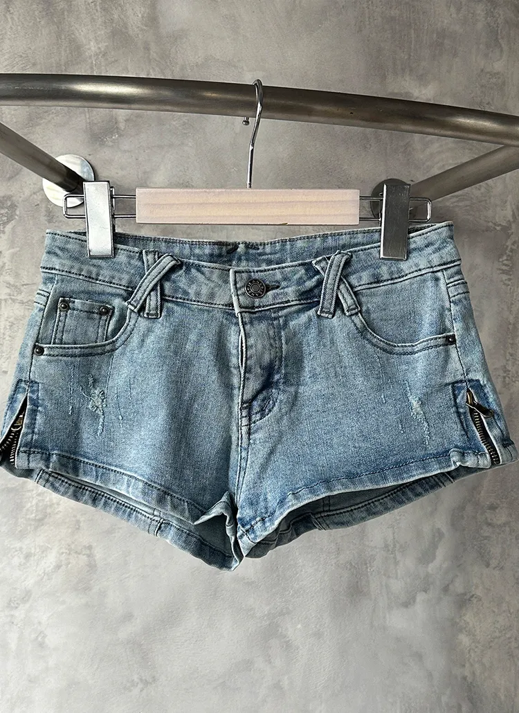 サイドジップローライズデニムショートパンツ | レディース 