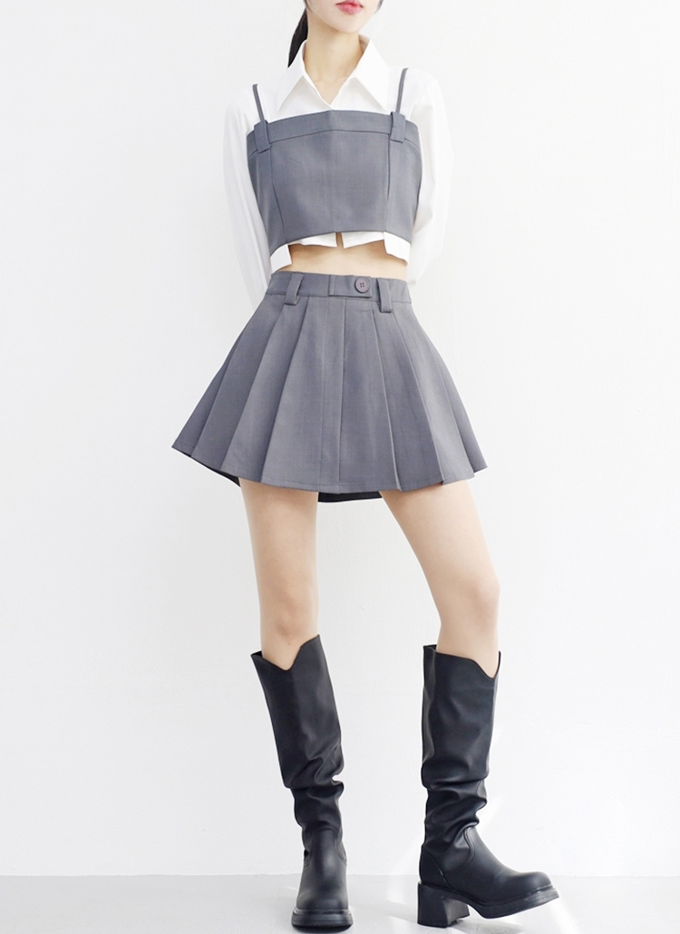 クロップドシャツ&配色ビスチェ&プリーツスカートSET | レディース