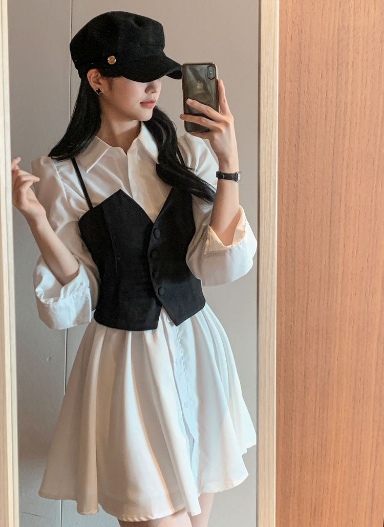 シャツミニワンピース&ボタンビスチェSET | レディース