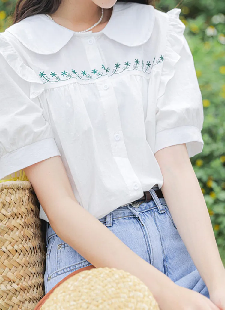 花柄刺繍ラウンドカラーフリルパフ半袖ブラウス | PEILIT | 詳細画像1