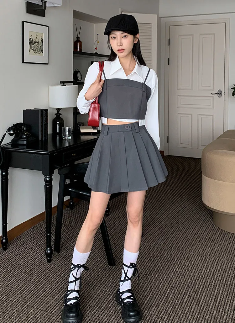 クロップドシャツ&ビスチェ&プリーツミニスカートSET | レディース  